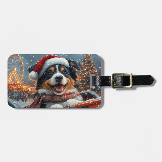 Australian Shepherd Dog Roller Coaster Christmas Luggage Tag (Front Horizontal)