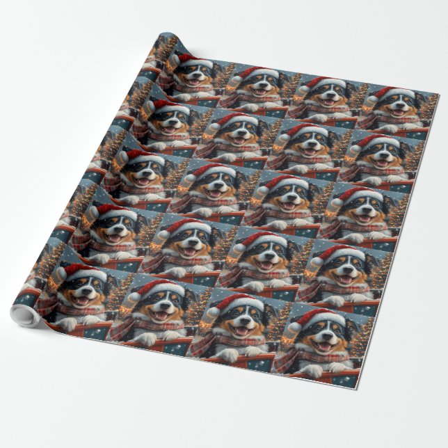 Australian Shepherd Dog Roller Coaster Christmas Wrapping Paper (Unrolled)