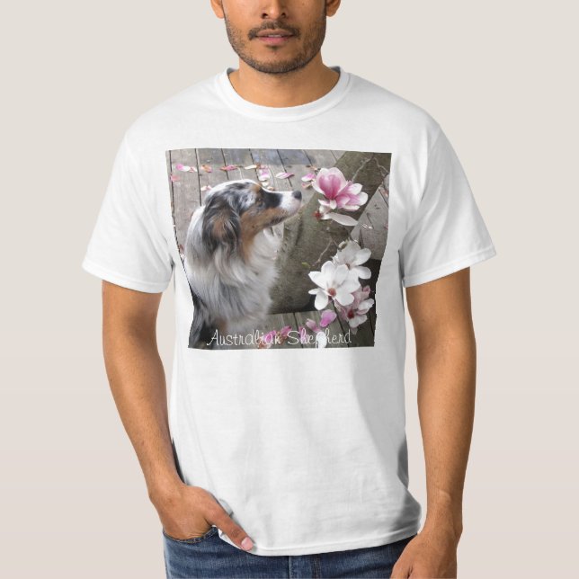 Australian Shepherd Dog Sniffs Magnoia Flower T-Shirt (Front)
