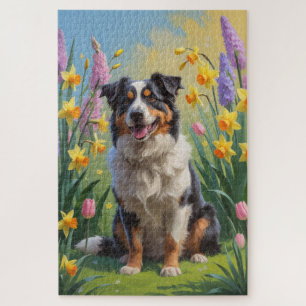 Australian Shepherd Dog Spring Flowers Painting Jigsaw Puzzle