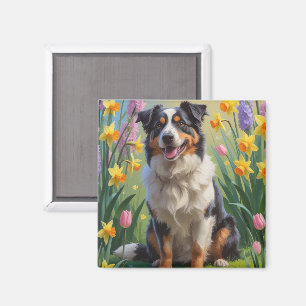 Australian Shepherd Dog Spring Flowers Painting Magnet