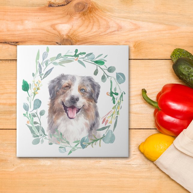 Australian Shepherd Dog Watercolor Wreath Tile (Creator Uploaded)