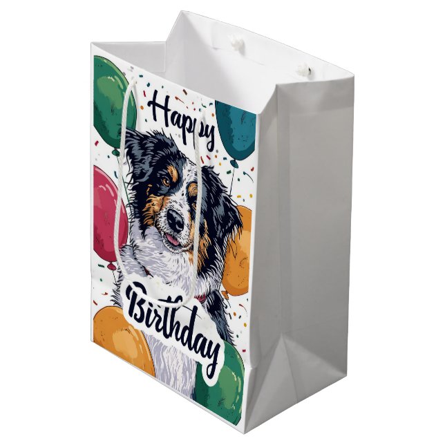 Australian Shepherd Dog with Balloons Birthday Medium Gift Bag (Front Angled)