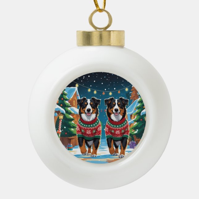 Australian Shepherd Dogs Christmas Snow Holiday Ceramic Ball Christmas Ornament (Front)