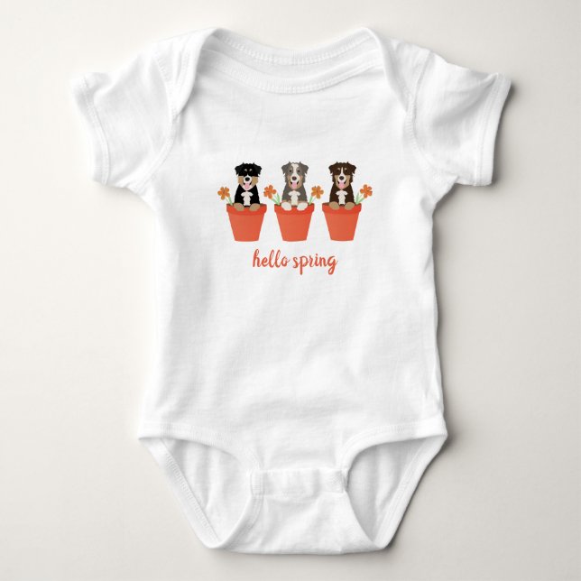 Australian Shepherd Dogs Hello Spring Baby Bodysuit (Front)