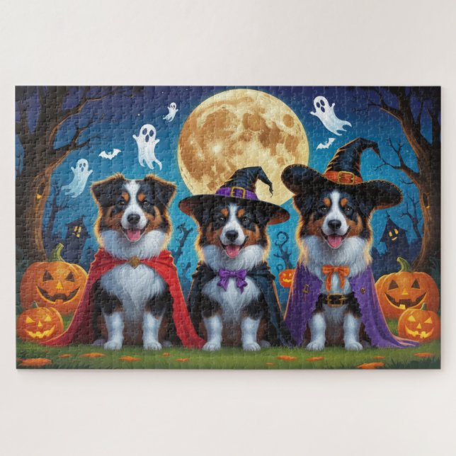 Australian Shepherd Dogs Pumpkin Halloween Funny Jigsaw Puzzle (Horizontal)