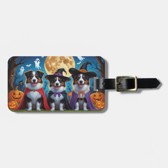 Australian Shepherd Dogs Pumpkin Halloween Funny Luggage Tag (Front Horizontal)