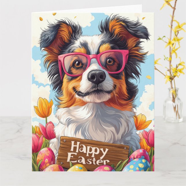 Australian Shepherd Easter Eggs Card (Yellow Flower)