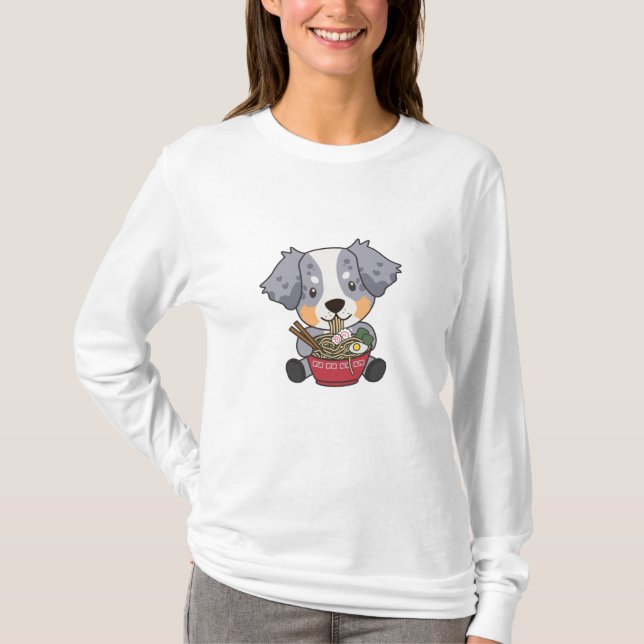 Australian Shepherd Eating Ramen Sweet Kawaii T-Shirt (Front)