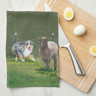 Australian Shepherd ~ Fetch Vert Oil Painting Tea Towel