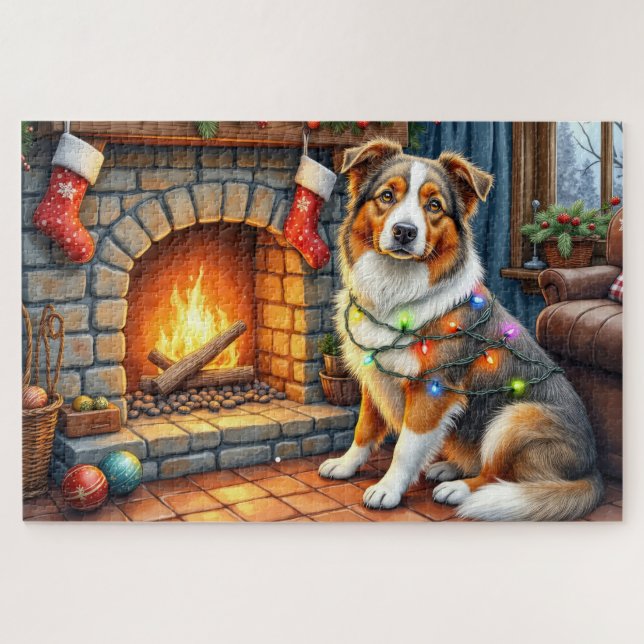Australian Shepherd Fireplace with Christmas Light Jigsaw Puzzle (Horizontal)