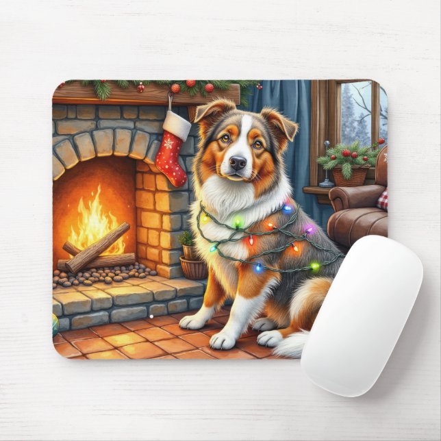 Australian Shepherd Fireplace with Christmas Light Mouse Pad (With Mouse)