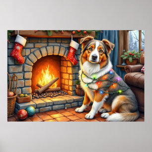 Australian Shepherd Fireplace with Christmas Light Poster