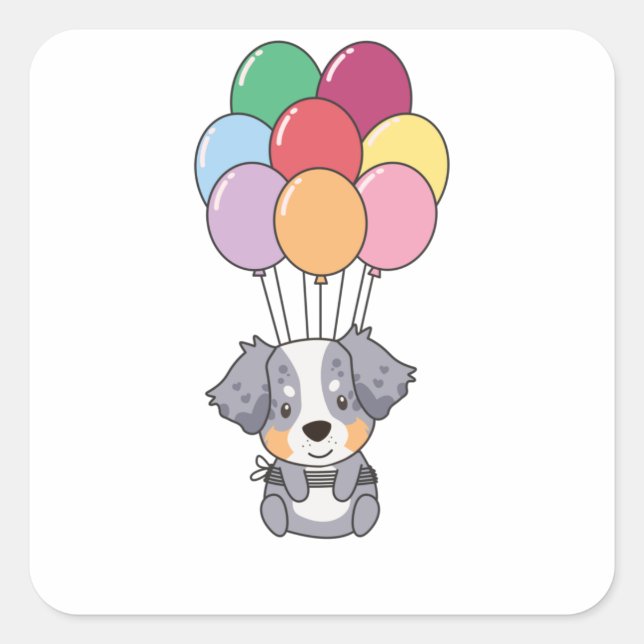 Australian Shepherd Flies With Colourful Balloons Square Sticker (Front)