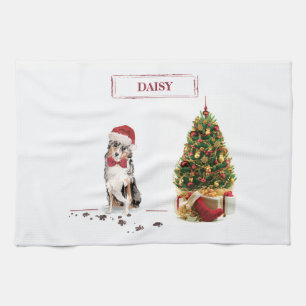 Australian Shepherd Funny Christmas Dog with Tree Tea Towel