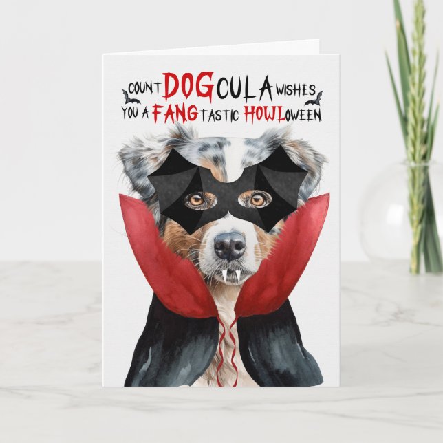 Australian Shepherd Funny Count DOGcula Halloween Holiday Card (Front)