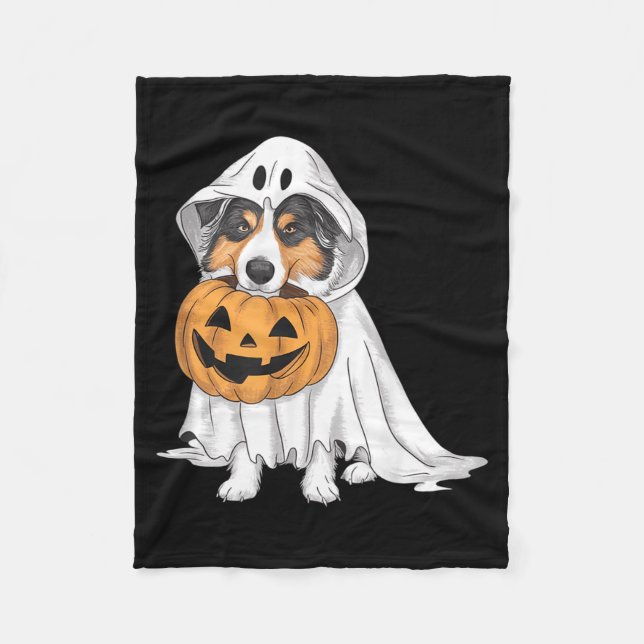 Australian Shepherd Ghost Dog Halloween Fleece Blanket (Front)