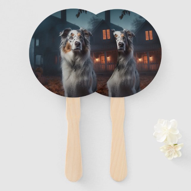 Australian Shepherd Halloween Scary Hand Fan (Front and Back)