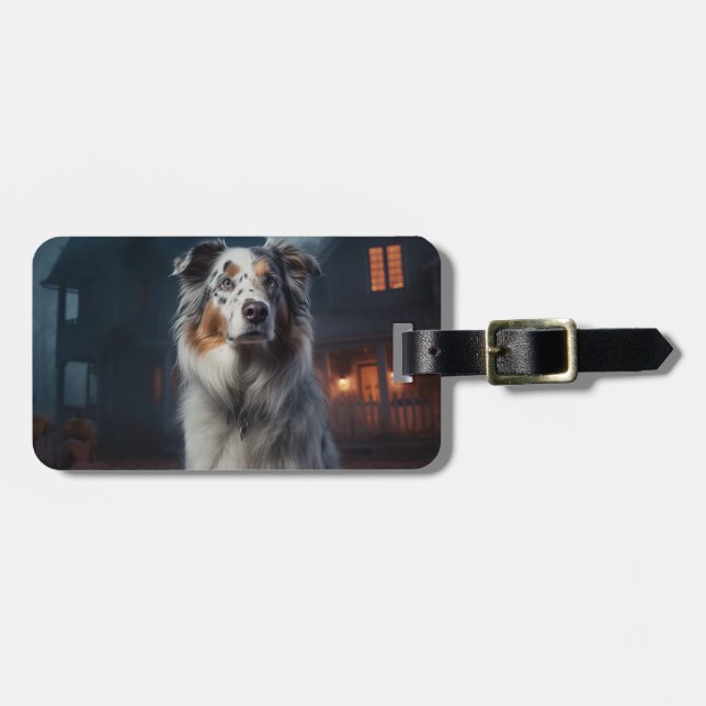 Australian Shepherd Halloween Scary Luggage Tag (Front Horizontal)