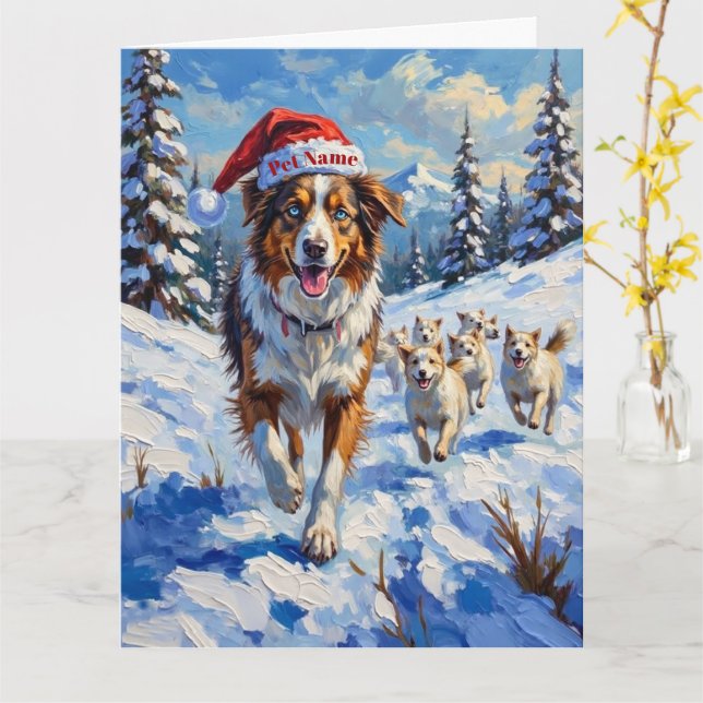 Australian Shepherd Herding Snowballs with Santa Card (Yellow Flower)