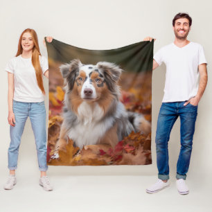 Australian Shepherd in Autumn Leaves Fall Inspire Fleece Blanket