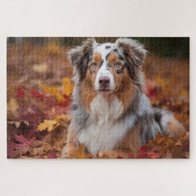 Australian Shepherd  in Autumn Leaves Fall Inspire Jigsaw Puzzle (Horizontal)