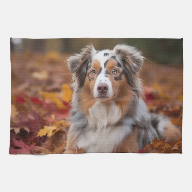 Australian Shepherd  in Autumn Leaves Fall Inspire Tea Towel (Horizontal)
