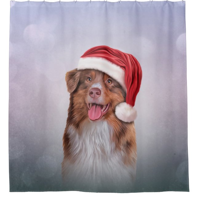 Australian Shepherd in red hat of Santa Claus 3 Shower Curtain (Front)