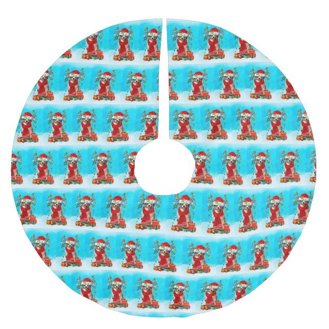 Australian shepherd in snow with Christmas gifts Brushed Polyester Tree Skirt (Front)