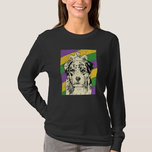 Australian Shepherd Jester Mardi Gras Dog Mom or D T-Shirt (Front)