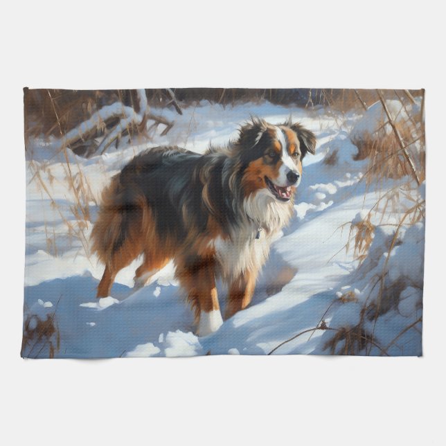 Australian Shepherd Let It Snow Christmas Tea Towel (Horizontal)