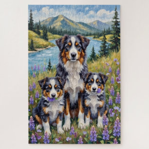 Australian Shepherd Lupine Meadow Art Jigsaw Puzzle