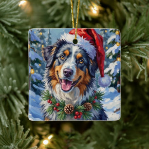 Australian Shepherd Merle Winter Christmas Art Ceramic Ornament