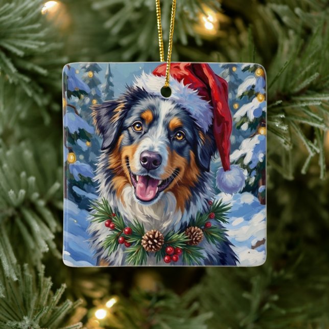 Australian Shepherd Merle Winter Christmas Art Ceramic Ornament (Tree)