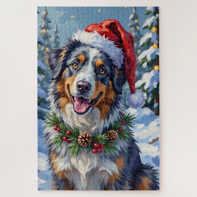 Australian Shepherd Merle Winter Christmas Art Jigsaw Puzzle (Vertical)