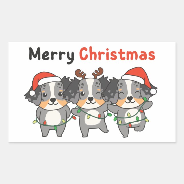 Australian Shepherd Merry Christmas Cute Dogs Rectangular Sticker (Front)
