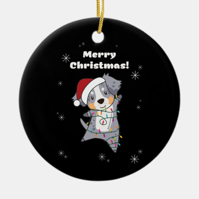 Australian Shepherd Merry Christmas Winter Ceramic Tree Decoration (Front)