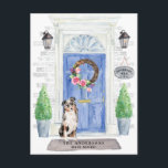Australian Shepherd Moving Announcement Postcard<br><div class="desc">Announce your new address with our stylish announcement featuring a Australian Shepherd,  blue front door,  welcome mat,  slate sign,  topiaries and a floral wreath set on a grey brick background.</div>