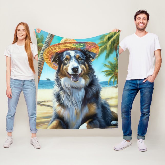 Australian Shepherd On Beach dog lover summer gift Fleece Blanket (In Situ)