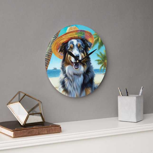 Australian Shepherd On Beach dog lover summer gift Large Clock (Office)