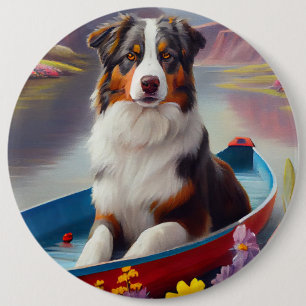Australian Shepherd on Paddle: A Scenic Adventure 6 Cm Round Badge