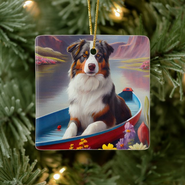 Australian Shepherd on Paddle: A Scenic Adventure Ceramic Ornament (Tree)