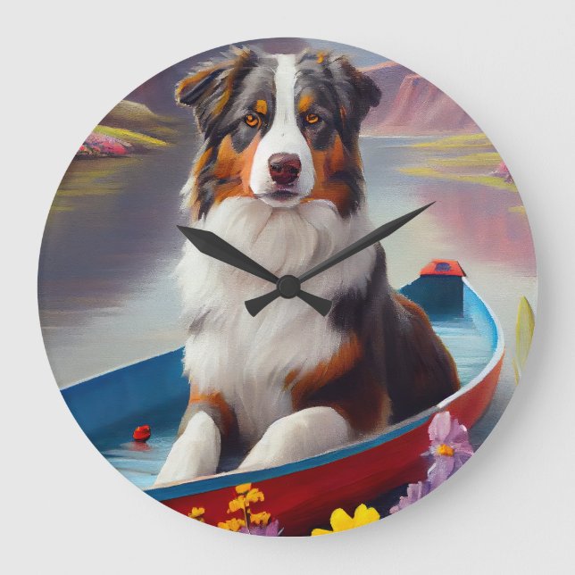 Australian Shepherd on Paddle: A Scenic Adventure Large Clock (Front)
