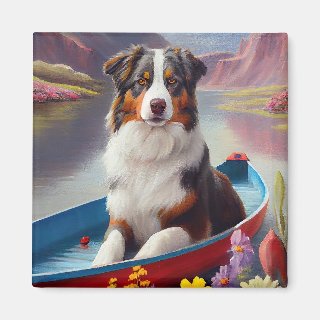 Australian Shepherd on Paddle: A Scenic Adventure Magnet (Front)