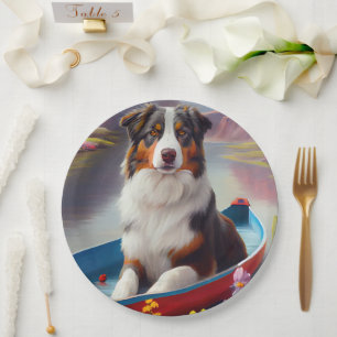 Australian Shepherd on Paddle: A Scenic Adventure Paper Plate