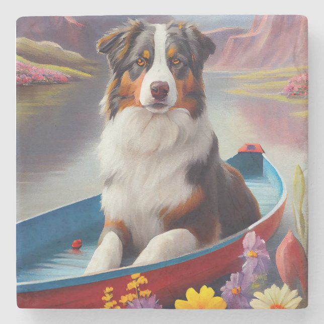 Australian Shepherd on Paddle: A Scenic Adventure Stone Coaster (Front)