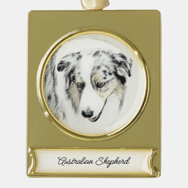 Australian Shepherd Painting - Original Dog Art Gold Plated Banner Ornament (Front)