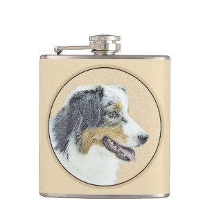 Australian Shepherd Painting - Original Dog Art Hip Flask