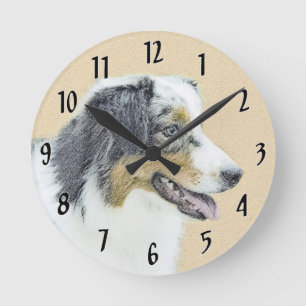 Australian Shepherd Painting - Original Dog Art Round Clock