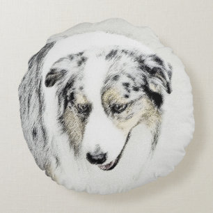 Australian Shepherd Painting - Original Dog Art Round Cushion